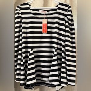 Allegra K black and white striped peplum long-sleeve blouse